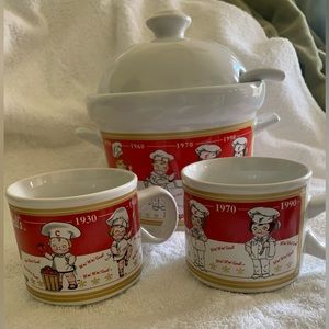 Nostalgic Campbell’s Soup Tureen w/ Lid & Ladle, and 2 Mugs